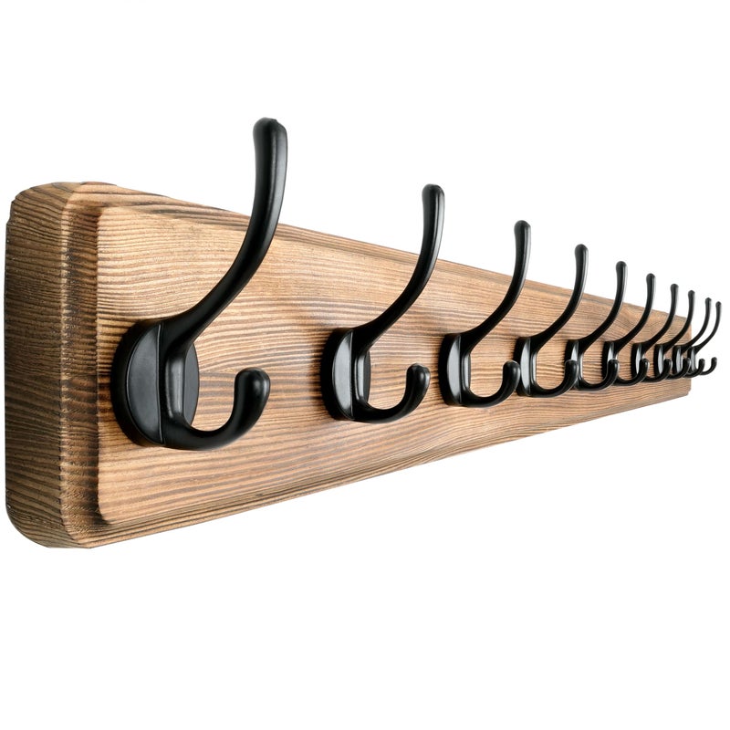 Dseap Wall Mounted Coat Rack: 38-1/4" Long, Patented, Heavy-Duty, 10-Double-Hooks Wooden Hanger Rail for Winter Coats, Hat, Jacket, Clothing - Natural & Black - Image 1